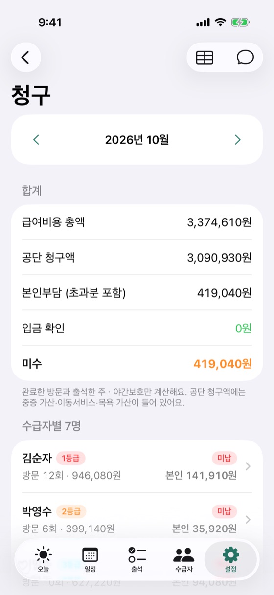 케언 앱의 청구 화면: 수급자별 월 급여비용과 본인부담금